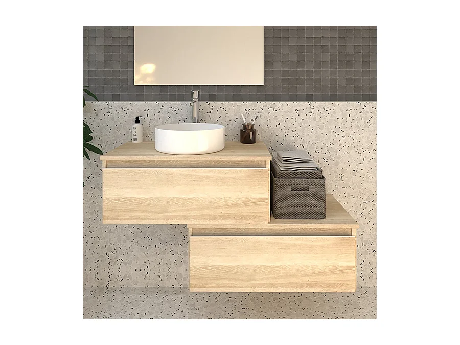 Meuble de salle de bain 2 tiroirs avec vasque à poser ronde PENA et miroir Led SOLEN - Bambou (chêne clair) - 120cm