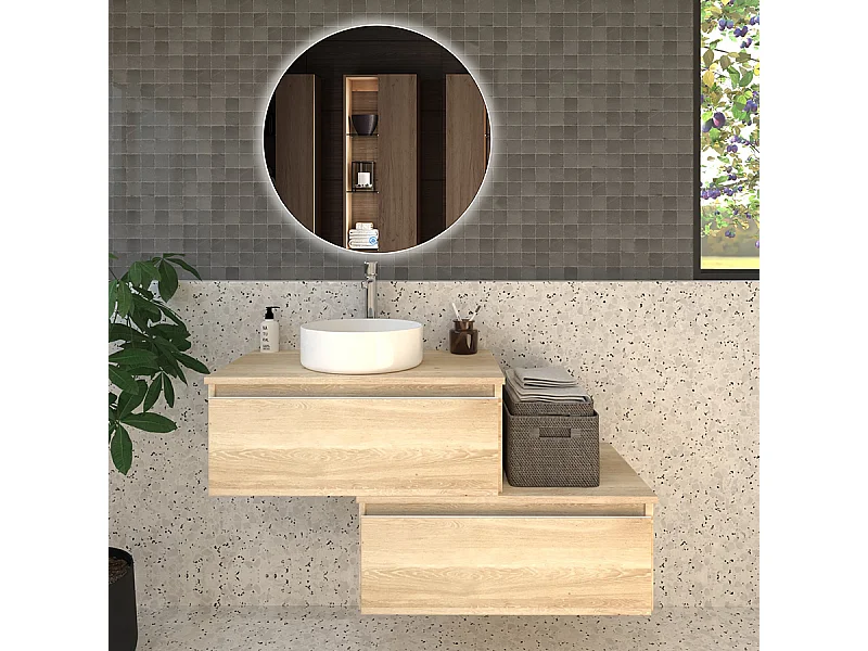 Meuble de salle de bain 2 tiroirs avec vasque à poser ronde PENA et miroir Led SOLEN - Bambou (chêne clair) - 120cm