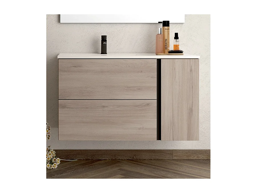 Meuble de salle de bain 100 cm vasque déportée - 2 tiroirs - sans miroir - PRADO - oak (chêne brut)