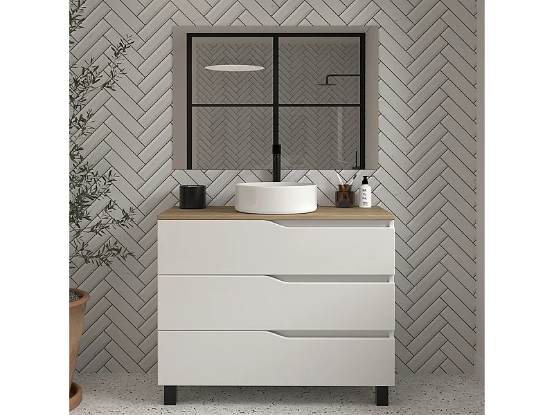 Meuble de salle de bain 100 avec plateau miel et vasque à poser - 3 tiroirs - blanc - MATA