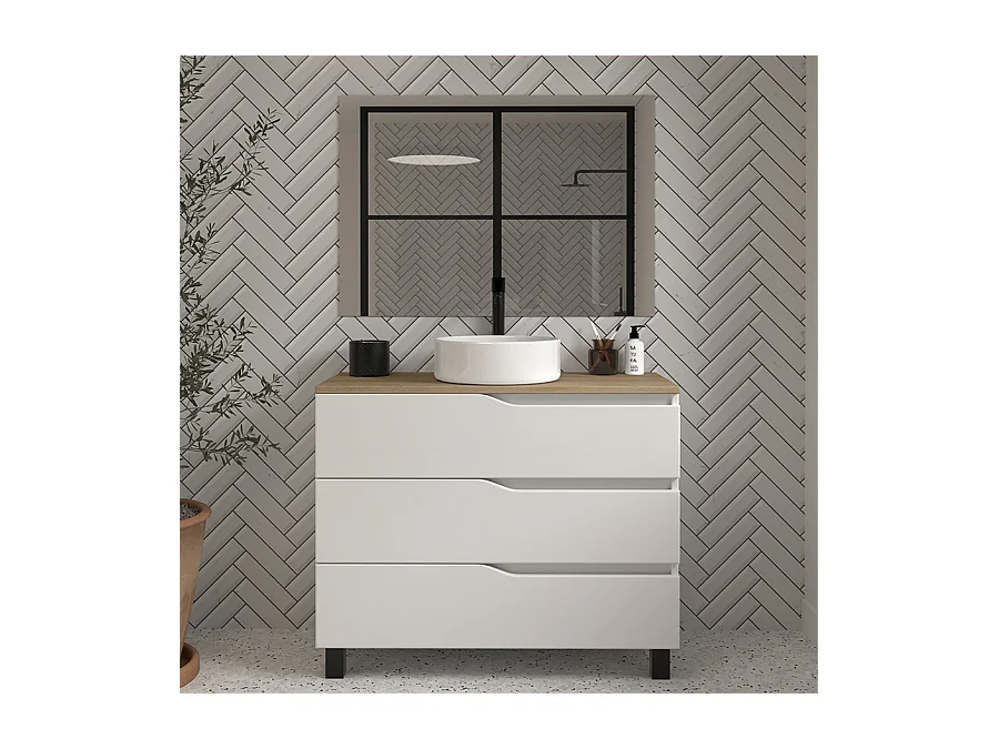 Meuble de salle de bain 100 avec plateau miel et vasque à poser - 3 tiroirs - blanc - MATA