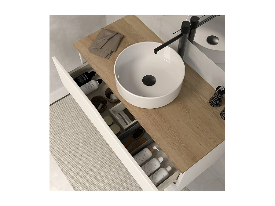 Meuble de salle de bain 100 avec plateau miel et vasque à poser - 3 tiroirs - blanc - MATA