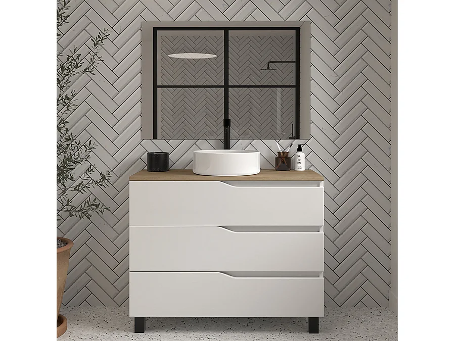 Meuble de salle de bain 100 avec plateau miel et vasque à poser - 3 tiroirs - blanc - MATA