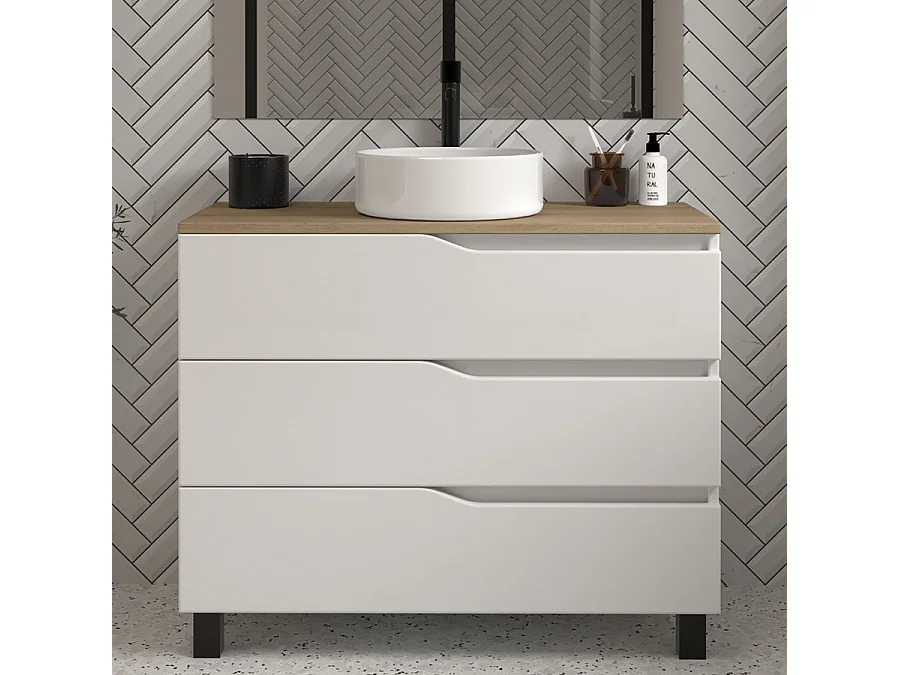 Meuble de salle de bain 100 avec plateau miel et vasque à poser - 3 tiroirs - blanc - MATA