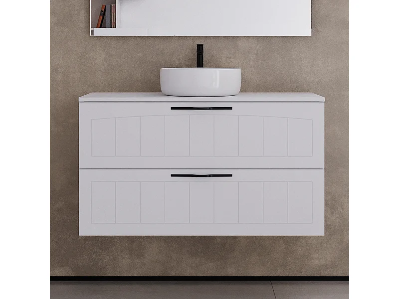 Meuble de salle de bain 100cm avec plateau et vasque à poser ronde - 2 tiroirs - sans miroir - blanc - PIA