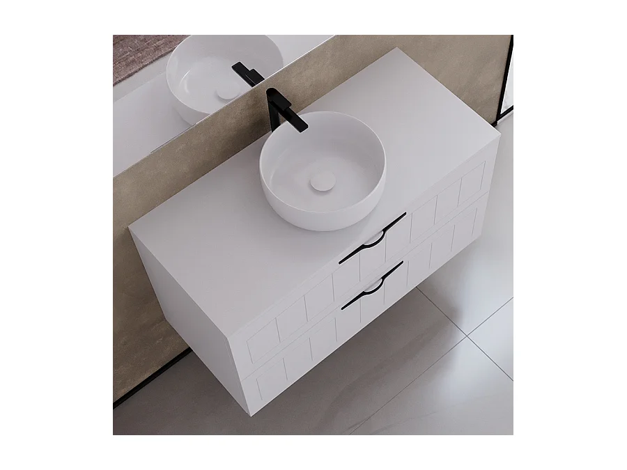 Meuble de salle de bain 100cm avec plateau et vasque à poser ronde - 2 tiroirs - sans miroir - blanc - PIA
