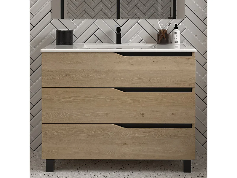 Meuble de salle de bain 100cm simple vasque - sans miroir - 3 tiroirs - madera miel (bois clair) - MATA