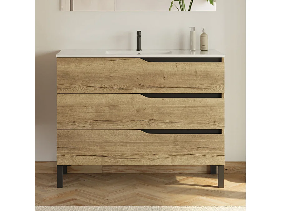 Meuble de salle de bain 100cm simple vasque - sans miroir - 3 tiroirs - madera miel (bois clair) - MATA