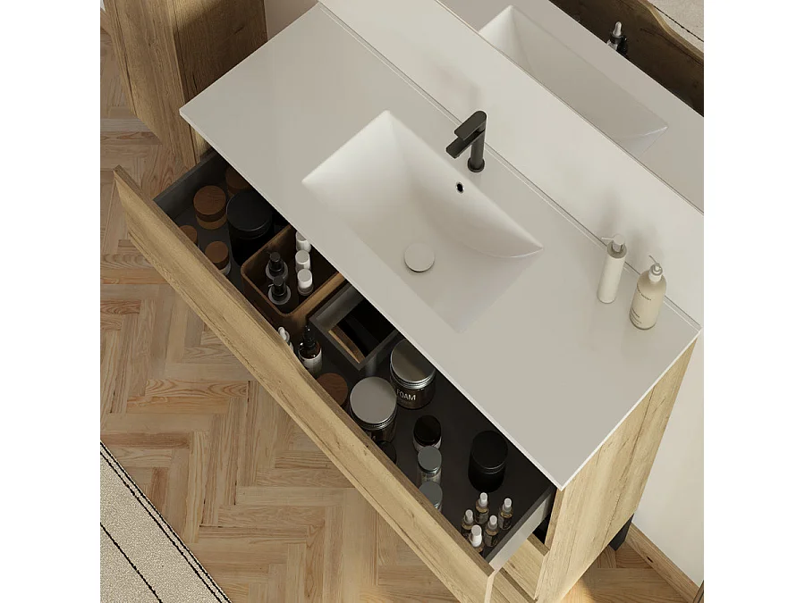 Meuble de salle de bain 100cm simple vasque - sans miroir - 3 tiroirs - madera miel (bois clair) - MATA