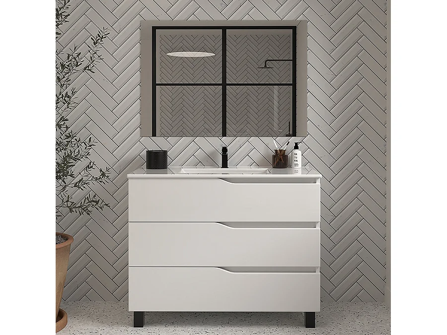 Meuble de salle de bain 90cm simple vasque - 3 tiroirs - blanc - MATA