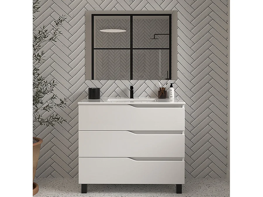 Meuble de salle de bain 90cm simple vasque - 3 tiroirs - blanc - MATA
