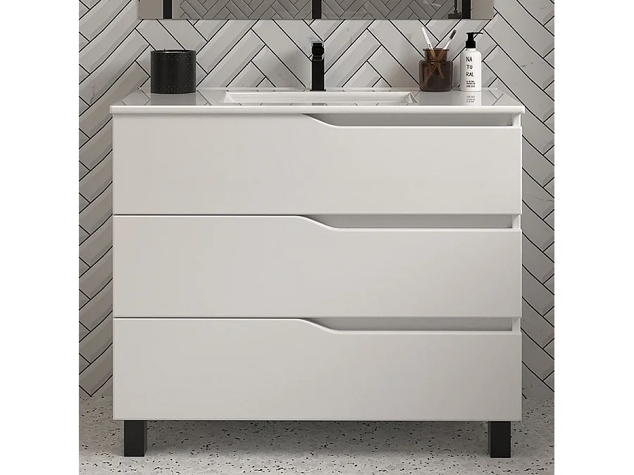 Meuble de salle de bain 90cm simple vasque - 3 tiroirs - blanc - MATA