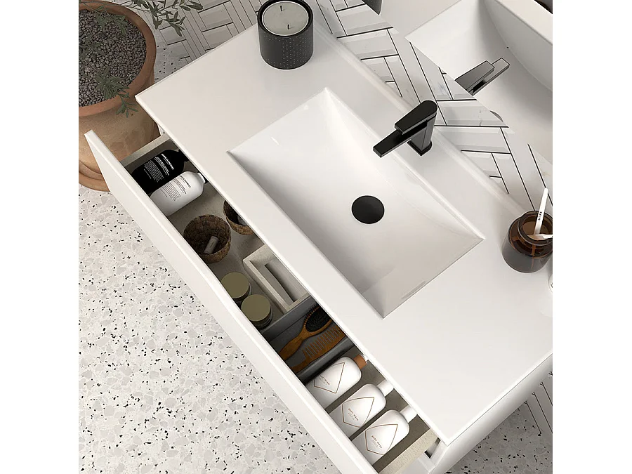 Meuble de salle de bain 90cm simple vasque - 3 tiroirs - blanc - MATA