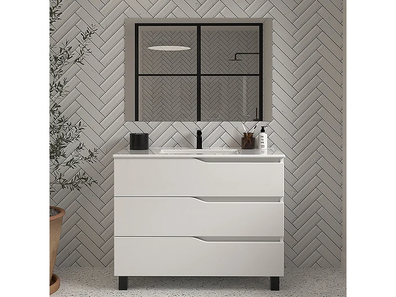 Meuble de salle de bain 90cm simple vasque - 3 tiroirs - blanc - MATA