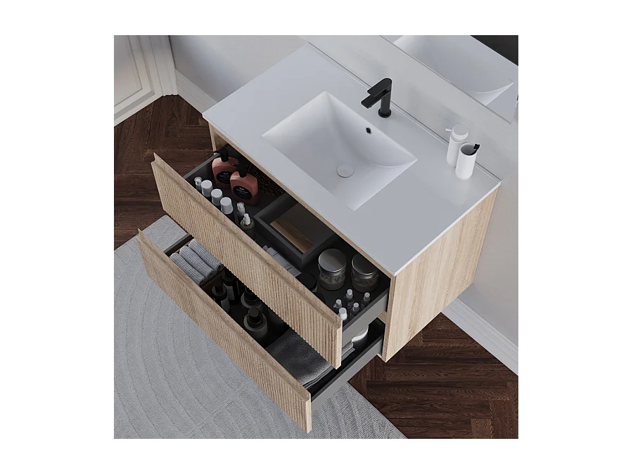 Meuble de salle de bain 80cm avec plan simple vasque - sans miroir - 2 tiroirs - cambrian (chêne clair) - RIBERA