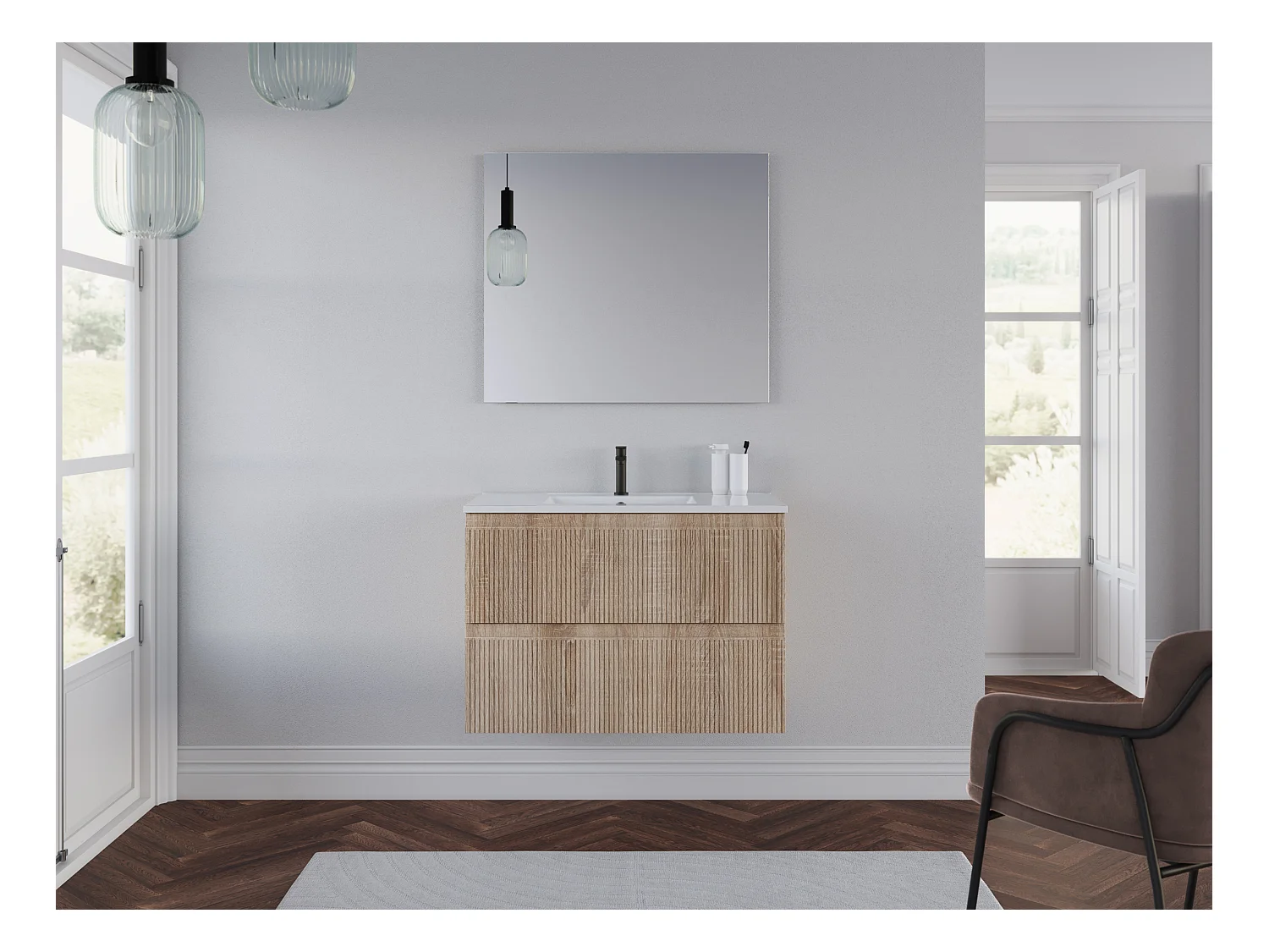 Meuble de salle de bain 80cm avec plan simple vasque - sans miroir - 2 tiroirs - cambrian (chêne clair) - RIBERA