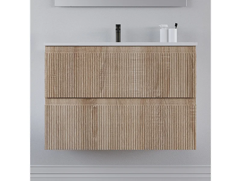 Meuble de salle de bain 80cm avec plan simple vasque - sans miroir - 2 tiroirs - cambrian (chêne clair) - RIBERA