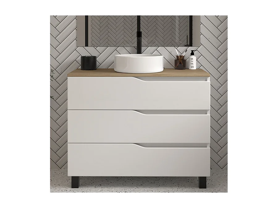 Meuble de salle de bain 100 avec plateau miel et vasque à poser - sans miroir - 3 tiroirs - blanc - MATA