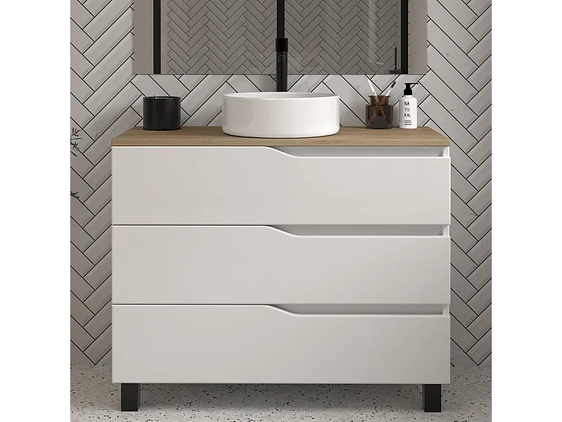 Meuble de salle de bain 100 avec plateau miel et vasque à poser - sans miroir - 3 tiroirs - blanc - MATA
