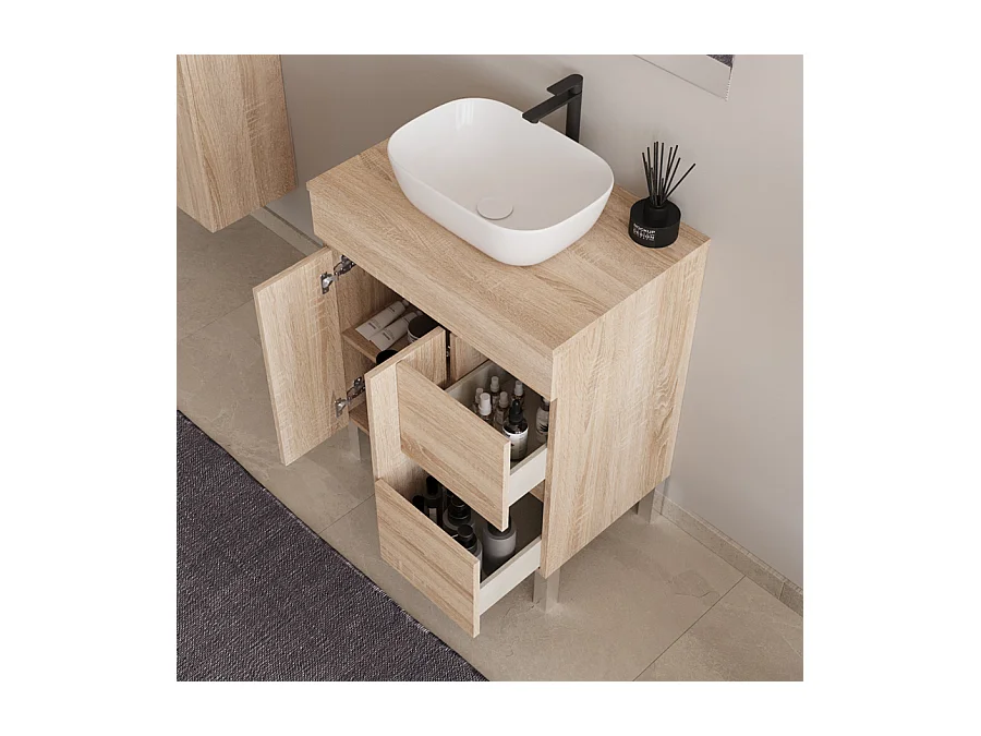 Meuble de salle de bain 80cm sur pieds avec plateau et une cuve à poser arrondie - sans miroir - portes et tiroirs - cambrian (chêne clair) - HARO