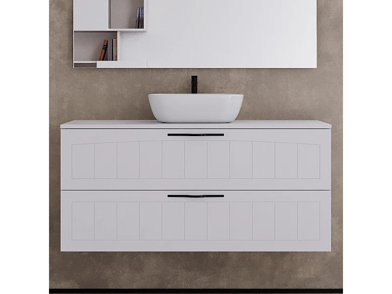 Meuble de salle de bain 120cm avec plateau et vasque à poser ovales  - 2 tiroirs - sans miroir - blanc - PIA