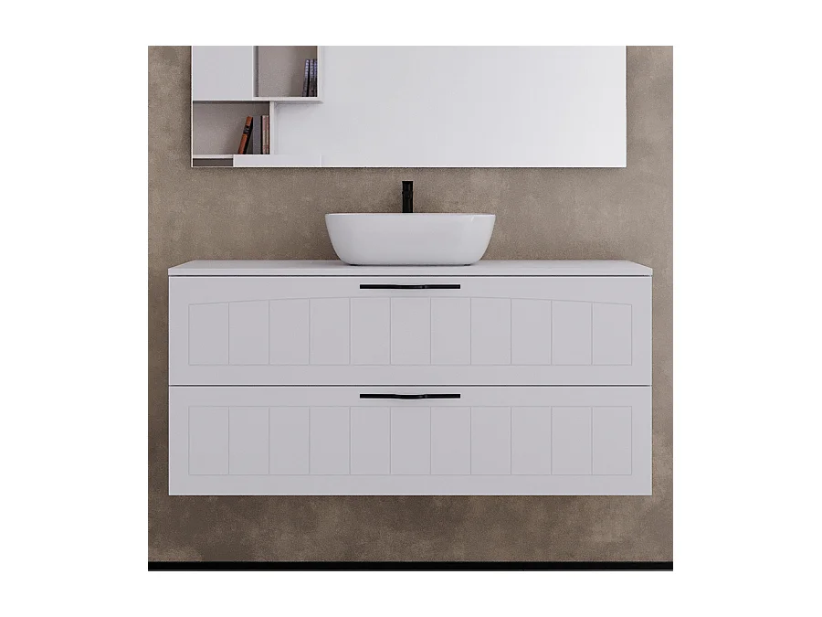 Meuble de salle de bain 120cm avec plateau et vasque à poser ovales  - 2 tiroirs - sans miroir - blanc - PIA