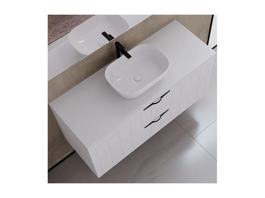 Meuble de salle de bain 120cm avec plateau et vasque à poser ovales  - 2 tiroirs - sans miroir - blanc - PIA