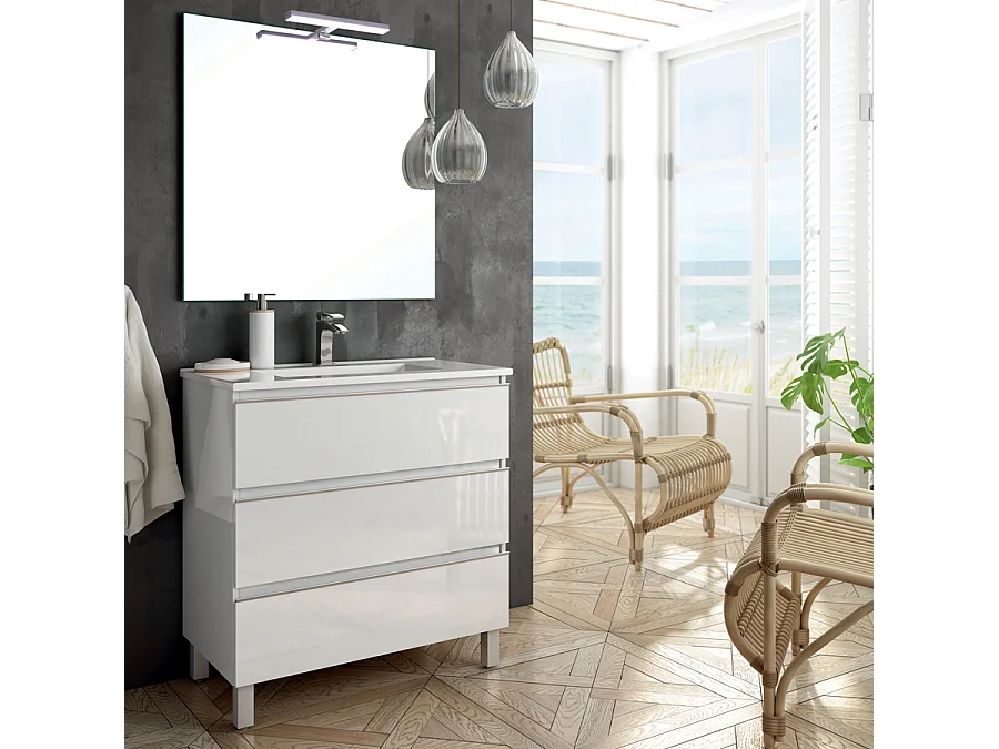 Meuble de salle de bain 80cm simple vasque - 3 tiroirs - PALMA - blanc