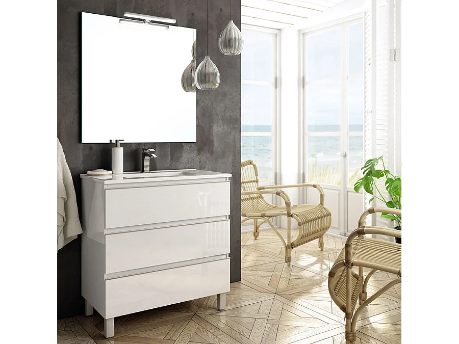 Meuble de salle de bain 80cm simple vasque - 3 tiroirs - PALMA - blanc