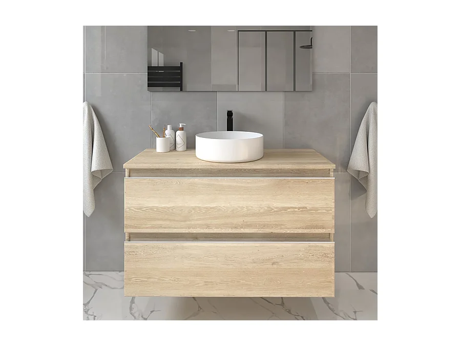 Meuble de salle de bain avec vasque à poser ronde BALEA et miroir Led STAM - Bambou (chêne clair) - 70cm