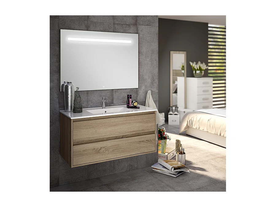 Meuble de salle de bain simple vasque - 2 tiroirs - IRIS et miroir Led STAM - cambrian (chêne) - 80cm