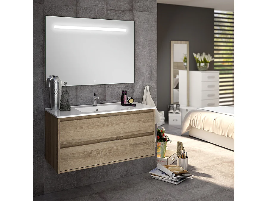 Meuble de salle de bain simple vasque - 2 tiroirs - IRIS et miroir Led STAM - cambrian (chêne) - 80cm