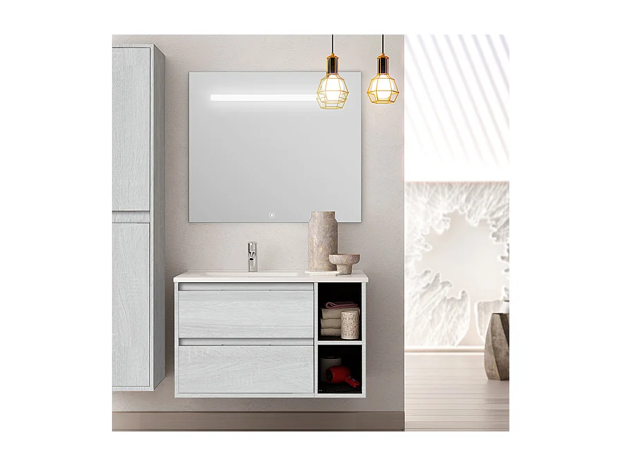 Meuble de salle de bain vasque déportée 2 tiroirs OLYMPE et miroir Led STAM - hibernian (bois blanchi) - 80cm
