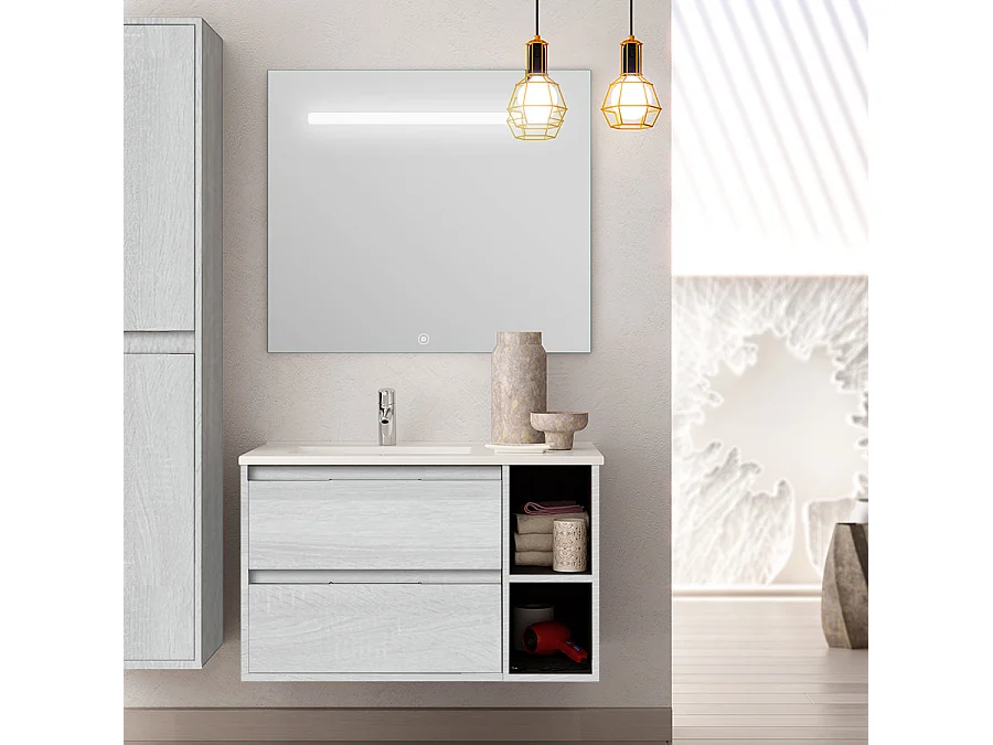 Meuble de salle de bain vasque déportée 2 tiroirs OLYMPE et miroir Led STAM - hibernian (bois blanchi) - 80cm