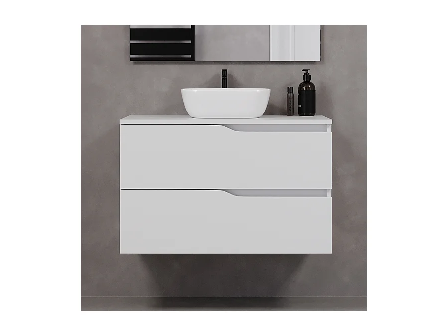 Meuble de salle de bain 90cm avec plateau et vasque à poser zeus - 2 tiroirs - blanc - LUNA