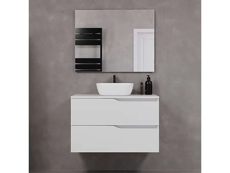 Meuble de salle de bain 90cm avec plateau et vasque à poser zeus - 2 tiroirs - blanc - LUNA