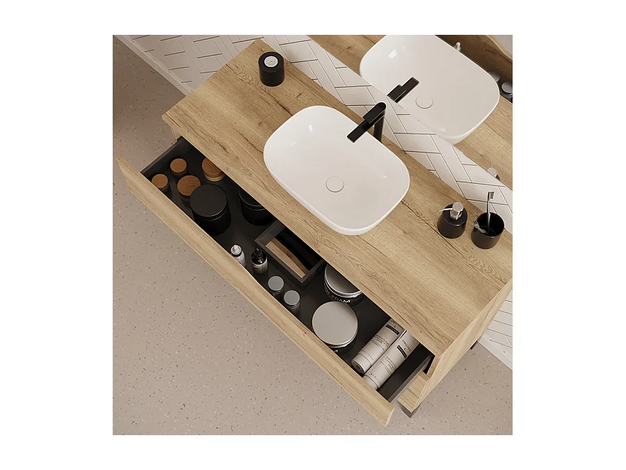 Meuble de salle de bain 120cm avec plateau et vasque à poser zeus - 3 tiroirs - sans miroir - madera miel (chêne clair) - MATA