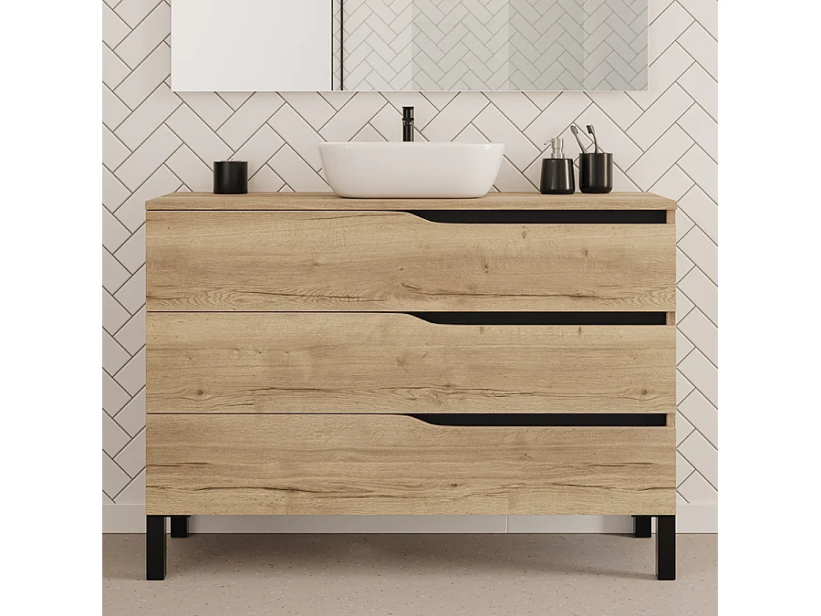 Meuble de salle de bain 120cm avec plateau et vasque à poser zeus - 3 tiroirs - sans miroir - madera miel (chêne clair) - MATA