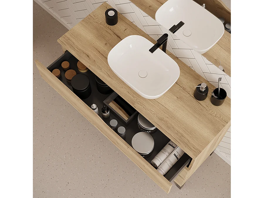 Meuble de salle de bain 120cm avec plateau et vasque à poser zeus - 3 tiroirs - sans miroir - madera miel (chêne clair) - MATA