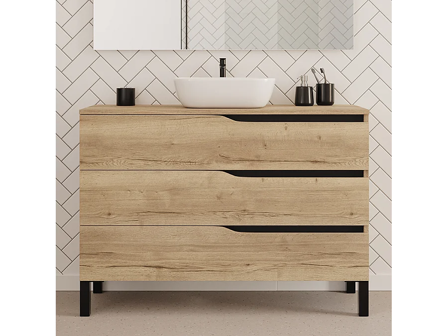 Meuble de salle de bain 120cm avec plateau et vasque à poser zeus - 3 tiroirs - sans miroir - madera miel (chêne clair) - MATA