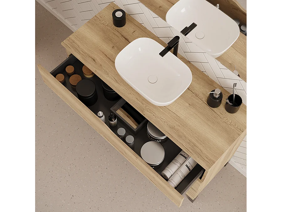 Meuble de salle de bain 120cm avec plateau et vasque à poser zeus - 3 tiroirs - sans miroir - madera miel (chêne clair) - MATA