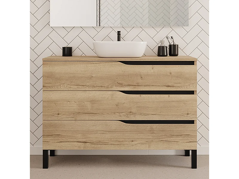 Meuble de salle de bain 120cm avec plateau et vasque à poser zeus - 3 tiroirs - sans miroir - madera miel (chêne clair) - MATA