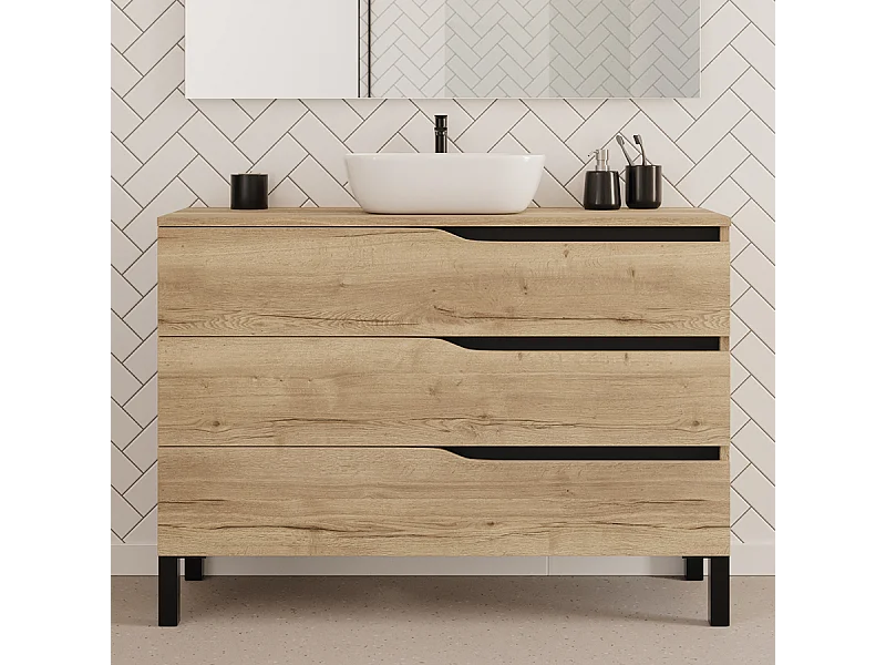 Meuble de salle de bain 120cm avec plateau et vasque à poser zeus - 3 tiroirs - sans miroir - madera miel (chêne clair) - MATA