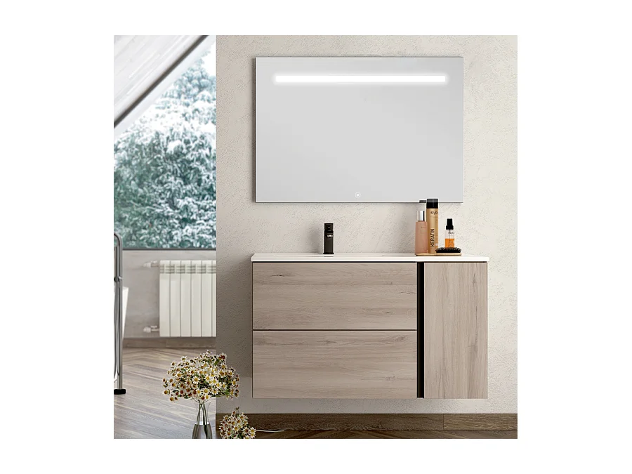 Meuble de salle de bain vasque déportée - 2 tiroirs - PRADO et miroir Led STAM - oak (chêne brut) - 100cm