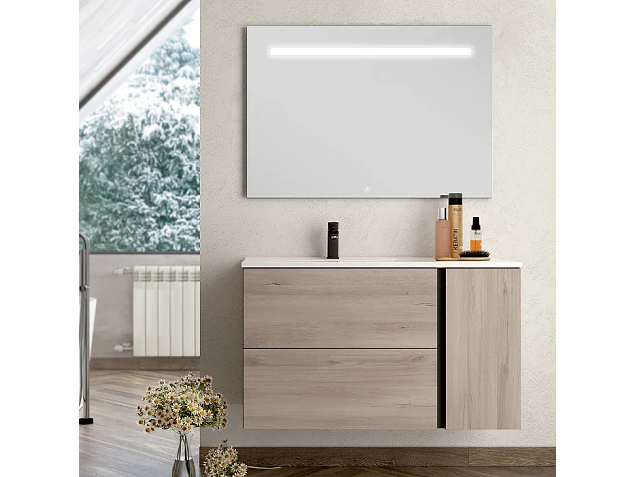 Meuble de salle de bain vasque déportée - 2 tiroirs - PRADO et miroir Led STAM - oak (chêne brut) - 100cm