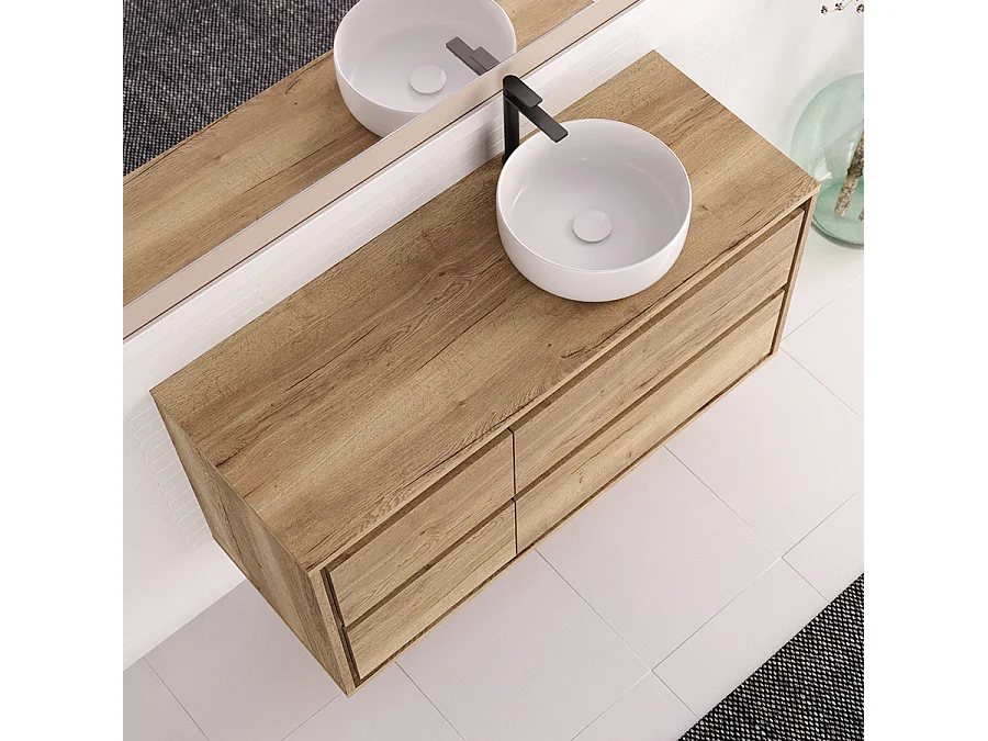 Meuble de salle de bain 120cm avec vasque à poser ronde - 4 tiroirs - roble sanctuary (chêne clair) - ETIO