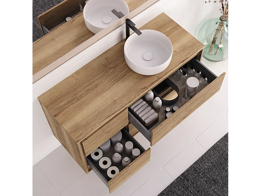 Meuble de salle de bain 120cm avec vasque à poser ronde - 4 tiroirs - roble sanctuary (chêne clair) - ETIO