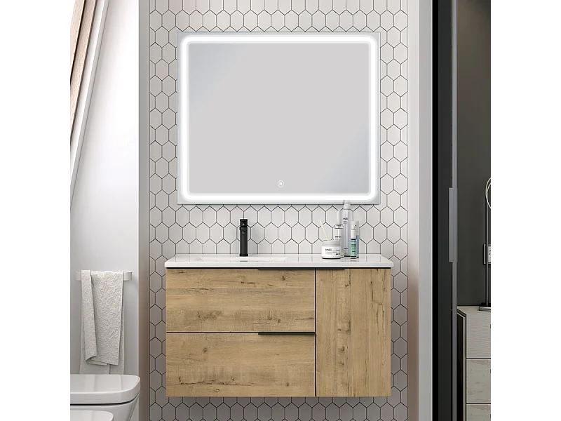 Meuble de salle de bain vasque déportée - KING et miroir Led VELDI - 80cm