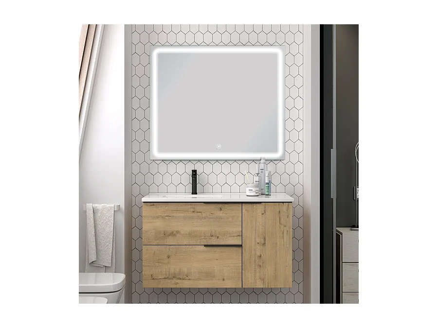 Meuble de salle de bain vasque déportée - KING et miroir Led VELDI - 80cm