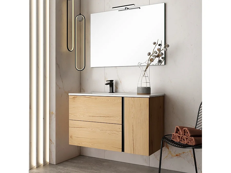 Meuble de salle de bain vasque déportée - 2 tiroirs - PRADO et miroir Led VELDI - roble (chêne clair) - 80cm